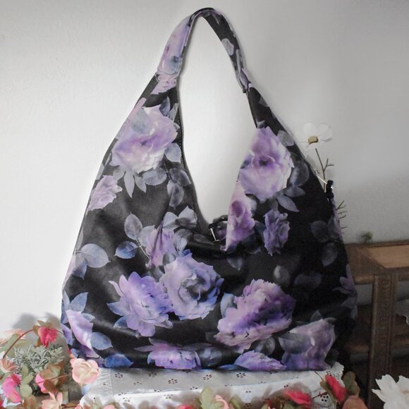 Tabitha Webb Velvet Black Purple Floral Roses Flowers Fairytale Purse Hobo Bag - Picture 10 of 12